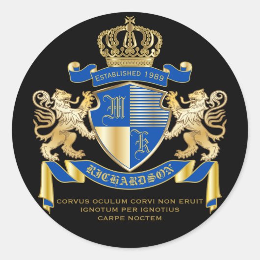 Creëer uw eigen wapenkat blauw goudleeuwen ronde sticker (Voorkant)