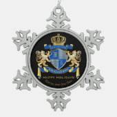 Creëer uw eigen wapenkat blauw goudleeuwen tin sneeuwvlok ornament (Voorkant)
