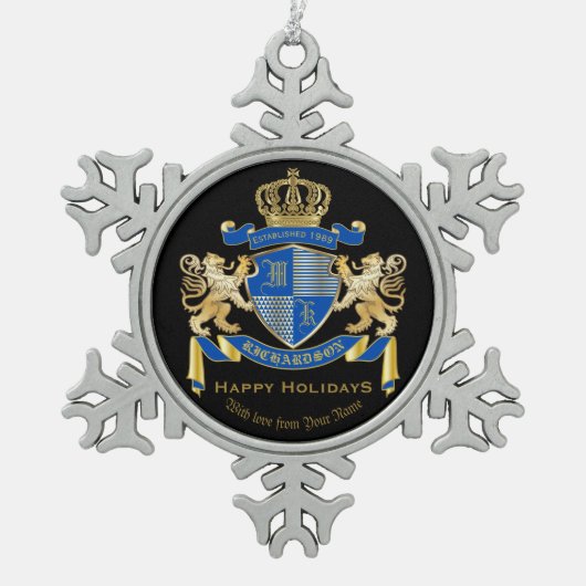 Creëer uw eigen wapenkat blauw goudleeuwen tin sneeuwvlok ornament (Voorkant)