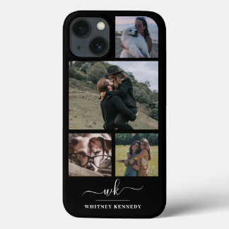 Creëer Your Ewn 4 Photo Collage Black Monogram iPhone 13 Hoesje