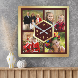 Creëer Your Own 4 Foto Collage Burgundy en Gold Vierkante Klok