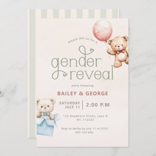 Creëer Your Own Gender Reveal Teddybeer gestreept Kaart (Voorkant / Achterkant)