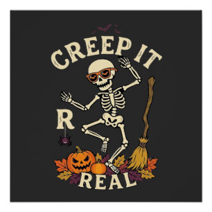 Creep It Real Dansend Skelet Pompoen Bezem_1 Perfect Poster