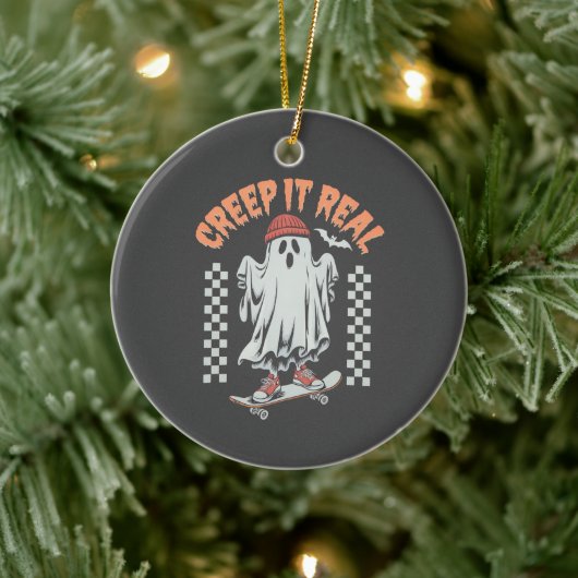 Creep It Real Retro Halloween Schaats Ghost Keramisch Ornament (Boom)