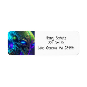 Creepy Alien Head met gloeiende blauwe ogen Etiket