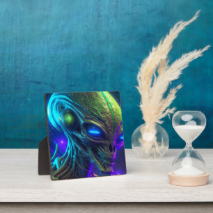 Creepy Alien Head met gloeiende blauwe ogen Fotoplaat