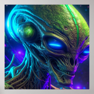 Creepy Alien Head met gloeiende blauwe ogen Poster