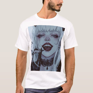 Creepy anime meisje met wit haar en verontrustende t-shirt