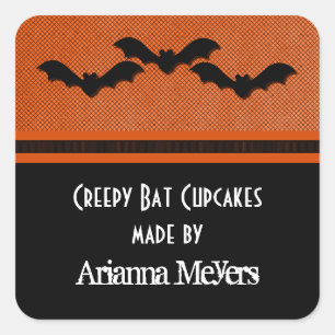 Creepy Bats Halloween Baking Stickers, Oranje Vierkante Sticker