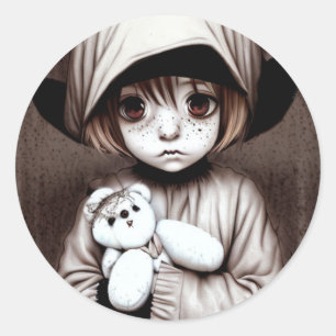 Creepy Big Eyed Boy met Teddy Bear Halloween Ronde Sticker