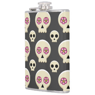 Creepy Cute Kawaii Gothic Skull met Flowers Patter Heupfles