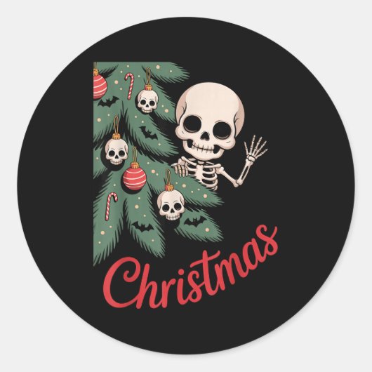 Creepy Cute Kawaii Skeleton Christmas Tree Skull B Ronde Sticker (Voorkant)