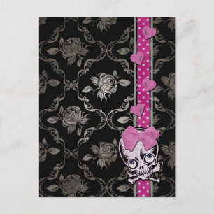 Creepy Girl Skull met Roze Bow op Black Damask Briefkaart