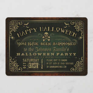 Creepy Green & Gold Happy Halloween Party Invite Kaart