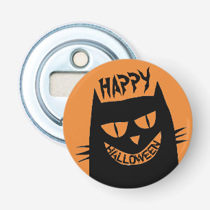 Creepy Halloween Black Cat op Sinaasappel Button Flesopener