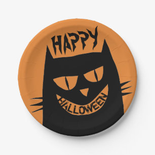 Creepy Halloween Black Cat op Sinaasappel Papieren Bordje