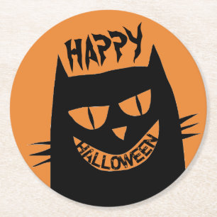 Creepy Halloween Black Cat op Sinaasappel Ronde Kartonnen Onderzetter