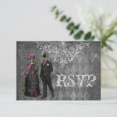 Creepy Halloween Bride & Groom RSVP Wedding Kaartje (Staand voorkant)