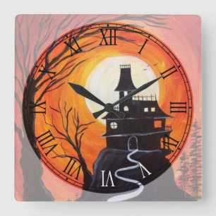 Creepy Haunted House Roman Numeral Vierkante Klok