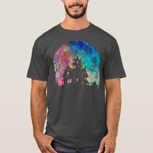 Creepy Haunted House & Spooky Watercolor Full Moon T-shirt