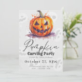 Creepy Jack-O' Lantern Grijs Pompoen Carving Party Kaart (Staand voorkant)
