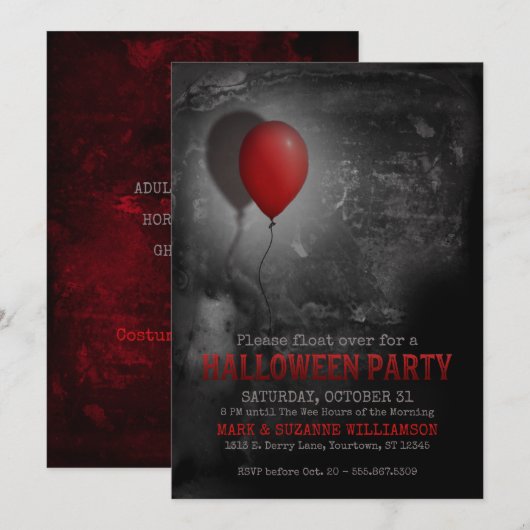 Creepy Red Ballon Halloween Party Invitation Kaart (Voorkant / Achterkant)