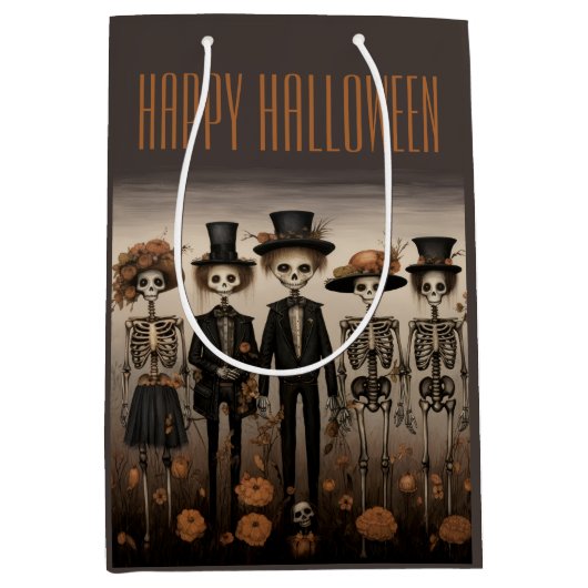 Creepy Skelet Familie Happy Halloween Medium Cadeauzakje (Voorkant)
