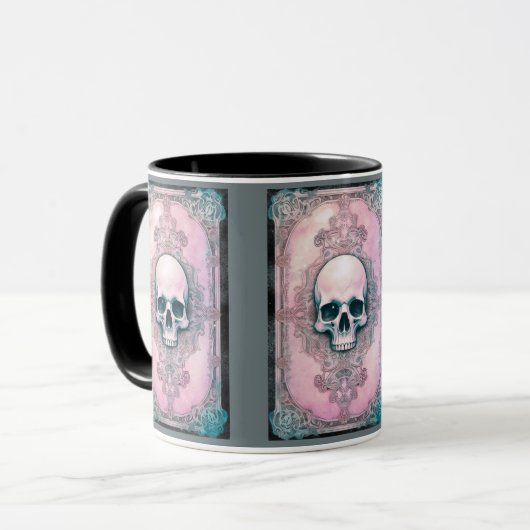 Creepy Skull Groen en Roze Halloween Mok (Voorkant links)