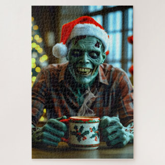 Creepy Zombie geniet van een warme drink met kerst Legpuzzel