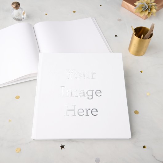 Taille du livre d'or avec film métallisé : 30,48 cm x 30,48 cm, 100 Pages, Papier : Papier blanc sans lignes, Couleur du film métallisé : Argent (Recto ouvert)