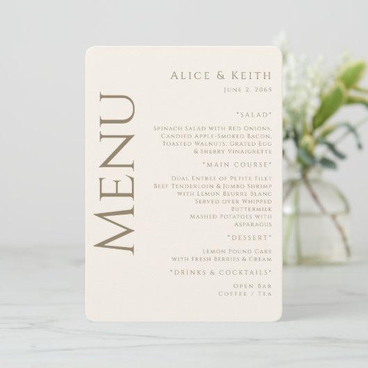 Crème Afgeronde Gouden Tekst Bruiloft Menu Uitnodi Kaart (Staand voorkant)