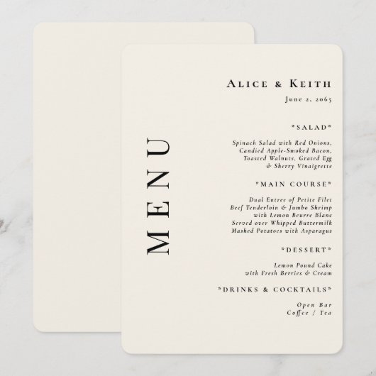 Crème Arrondi Mariage Réception Menu Invitation (Devant / Derrière)