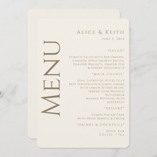 Crème Arrondi Or texte Mariage Menu Invitation (Devant / Derrière)