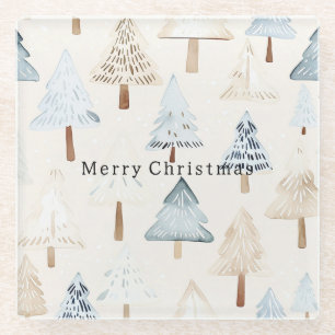 Crème Beige Blauwe Kerstbomen Glazen Onderzetter