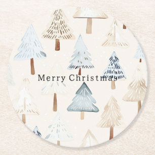 Crème Beige Blauwe Kerstbomen Ronde Kartonnen Onderzetter