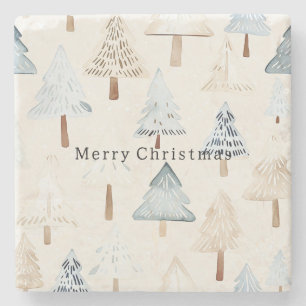 Crème Beige Blauwe Kerstbomen Stenen Onderzetter