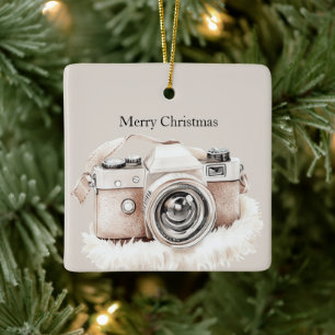 Crème Beige Camerastrepen Kerstmis Keramisch Ornament
