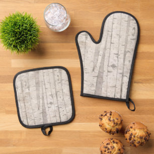 Crème Beige Witte Berk Bomen Ovenwant & Pannenlap Set