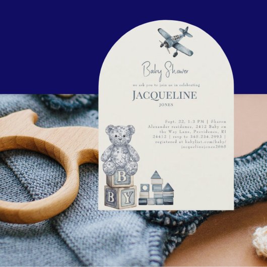 Crème & Blauwe Baby Speelgoed Boog Baby Shower Kaart