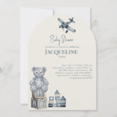 Crème & Blauwe Baby Speelgoed Boog Baby Shower Kaart (Voorkant)