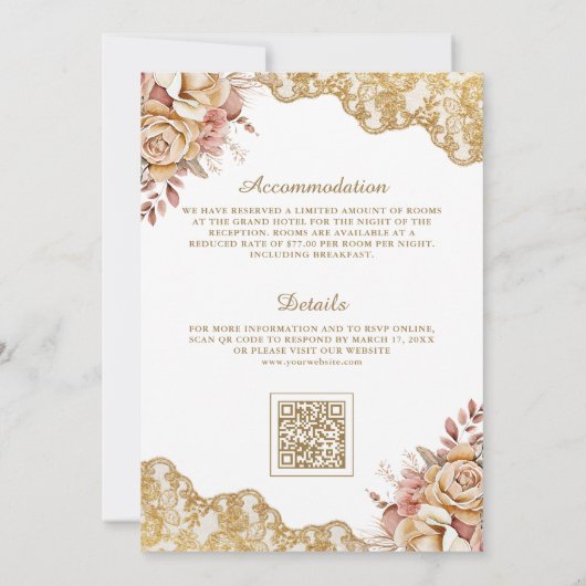 Crème Bloemen Goud Kant QR Code Moslim Bruiloft Kaart (Achterkant)