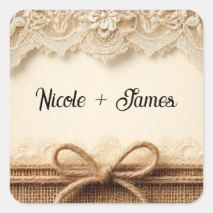 Crème  Bloemen Kant Burlap Rustieke Bruiloft Vierkante Sticker