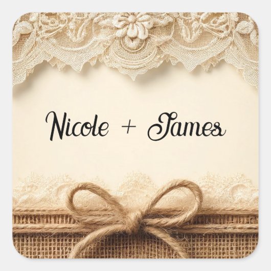 Crème  Bloemen Kant Burlap Rustieke Bruiloft Vierkante Sticker (Voorkant)
