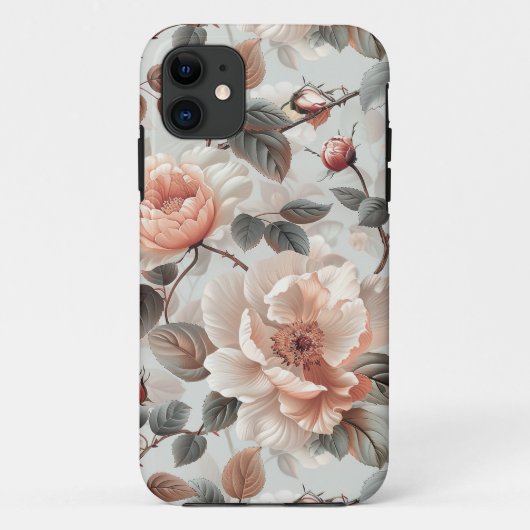 Crème bloemen met grijze bladeren op een lichtgrij Case-Mate iPhone case (Achterkant)