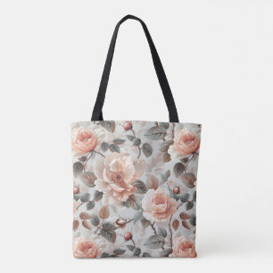 Crème bloemen met grijze bladeren op een lichtgrij draagtas