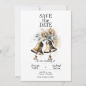 Crème Bloemen Pastel met Bruiloft Bells Bruiloft Save The Date (Voorkant)