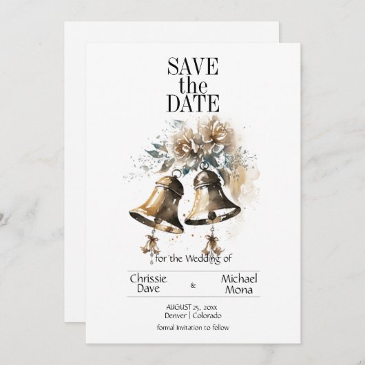 Crème Bloemen Pastel met Bruiloft Bells Bruiloft Save The Date (Voorkant / Achterkant)