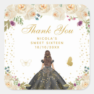 Crème Bloemige Bruine Haar Prinses Sweet Sixteen Vierkante Sticker