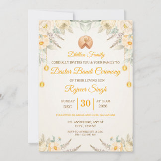 Crème Bloemige Dastar Bandi Ceremonie Uitnodiging