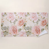 Crème Blush Roze Rozen Bloemige Bruiloft Feest Strandlaken (Voorkant)